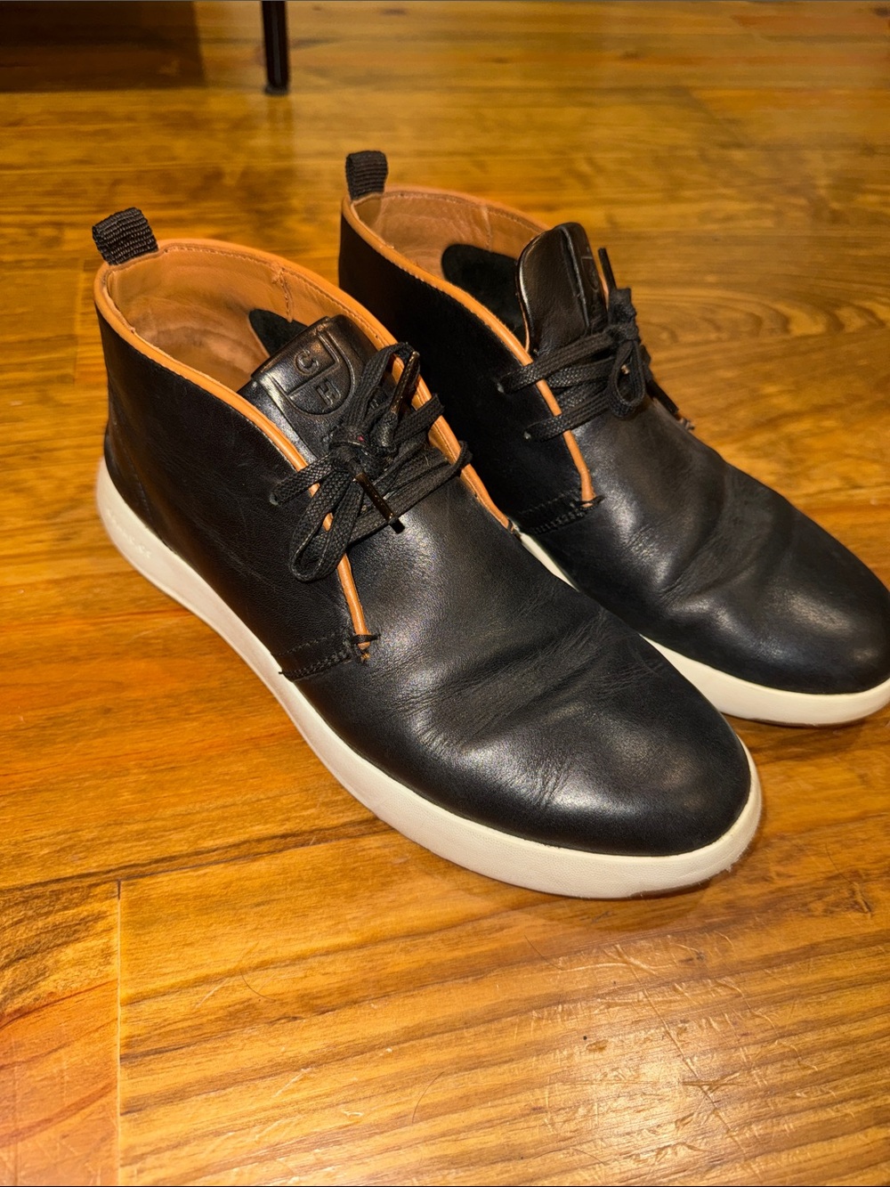 Cole Haan Black Leather Chukka Boots with Tan Trim and White Sole